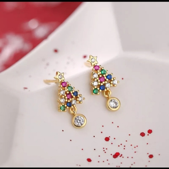 Dainty Gold Rhinestone Crystal Christmas Tree Stud Earrings - Picture 5 of 8